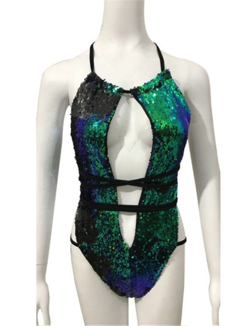Sequin Cutout Halter Bodysuit in Green and Blue